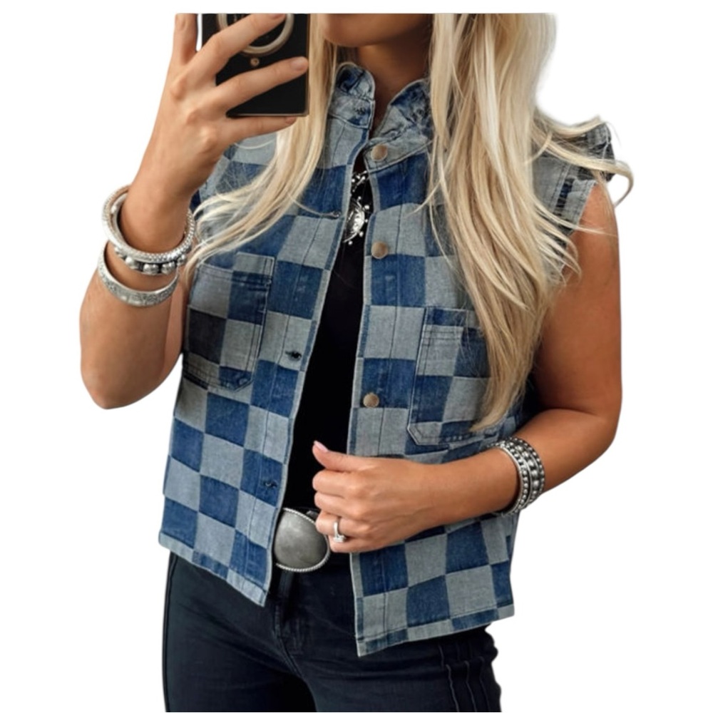 5246. Blue Checkered Denim Vest